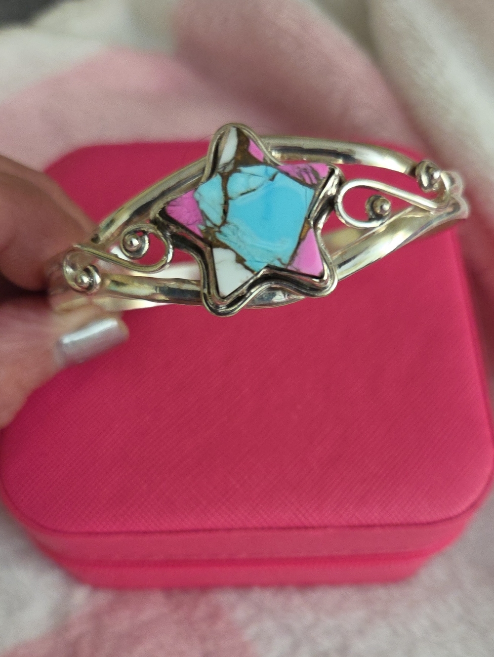 Handcrafted,925 Sterling Silver Star Inlay Bracelet with Cotton Candy Turquoise!